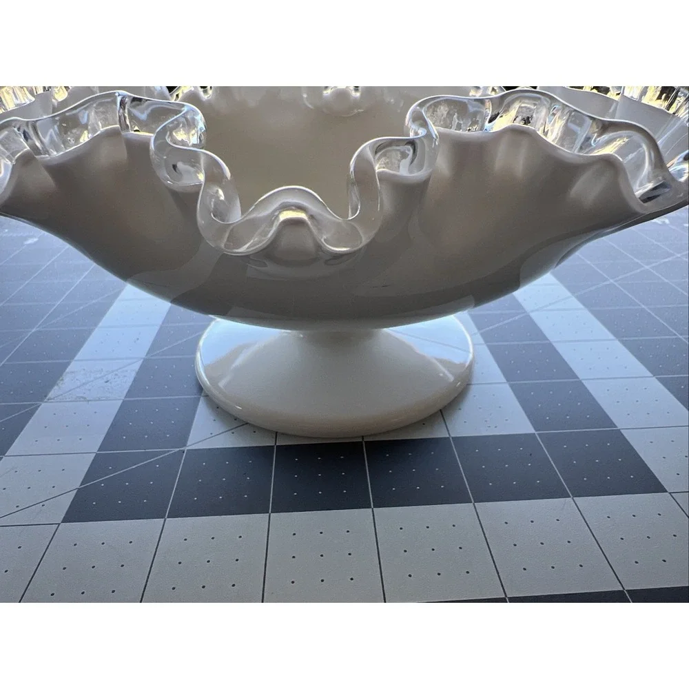 Vintage Fenton Silver Crest Milk Glass Pedestal Compote Bowl Ruffled Edge 8 Inch